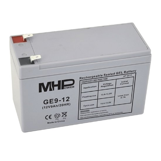 MHPower GE9-12 Gelový akumulátor 12V/9Ah, Faston F2 - 6,3mm, Deep Cycle