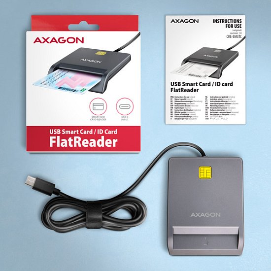 AXAGON CRE-SM3TC, USB-C FlatReader čtečka kontaktních karet Smart card (eObčanka), kabel 1.2m