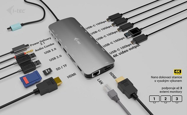 i-tec USB-C Metal Nano 3x Display Dock, 2x HDMI 1x USB-C video, Power Delivery 140W