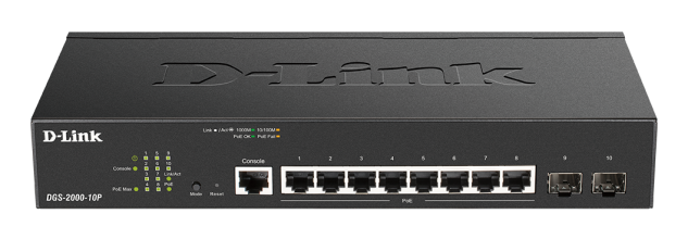 D-Link DGS-2000-10P Managed PoE switch, 8x GbE PoE+, 2x SFP, PoE 65W, fanless