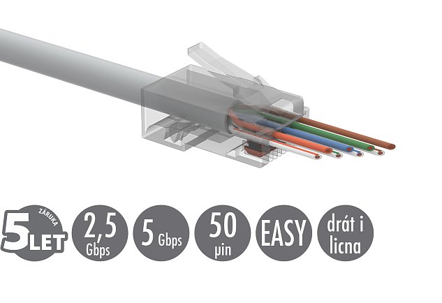 Univerzální EASY konektor RJ45 CAT6 UTP 8p8c na drát i licnu, 100ks