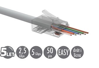 Univerzální EASY konektor RJ45 CAT5E UTP 8p8c na drát i licnu, 100ks