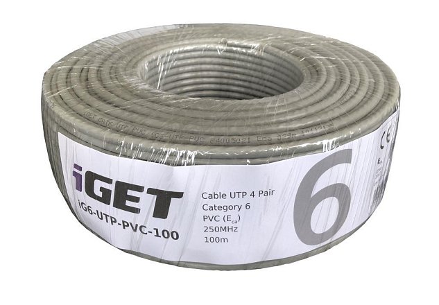 Síťový kabel iGET CAT6 UTP PVC Eca 100m/box, kabel drát, s třídou reakce na oheň Eca