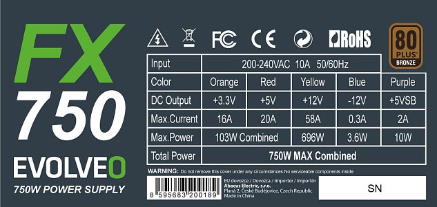 EVOLVEO FX 750 , zdroj 750W ATX, 14cm, tichý, 80+ bronze, bulk