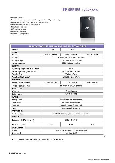 FSP/Fortron UPS FP 800, 800 VA, line interactive