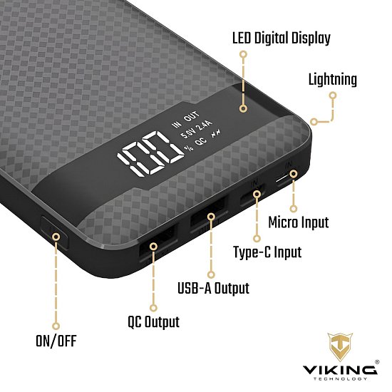 VIKING POWER BANK PN-961 QC3.0 10000mah, QUICK CHARGE 3.0, Černá