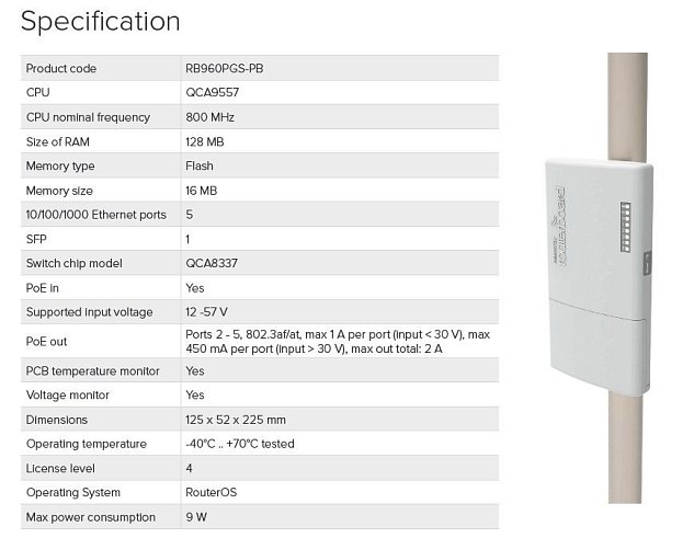 MIKROTIK RB960PGS-PB,5xGB LAN,1xSFP,800MHz,128RAM