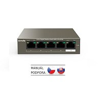 Tenda TEG1105P-4-63W PoE AT switch 4x PoE 802.3af/at, 5x 1 Gb/s, PoE celkem 63W, fanless, PoE+ Tenda TEG1105P-4-63W PoE AT switch 4x PoE 802.3af/at, 5x 1 Gb/s, PoE celkem 63W, fanless, PoE+