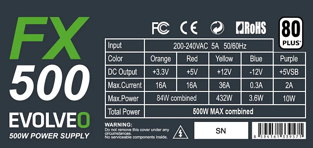 EVOLVEO FX 500 , zdroj 500W ATX, 14cm, tichý, 80+, bulk