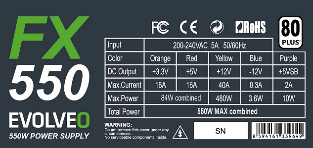EVOLVEO FX 550 , zdroj 550W ATX, 14cm, tichý, 80+, bulk