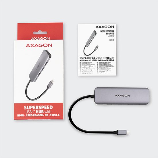 AXAGON HMC-5, USB 3.2 Gen 1 hub, porty 2x USB-A, HDMI, SD/microSD slot, PD 100W, kabel USB-C 20cm