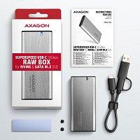 AXAGON EEM2-SG2, USB-C 3.2 Gen 2 - M.2 NVMe & SATA SSD kovový RAW box, bezšroubkový, stříbrný AXAGON EEM2-SG2, USB-C 3.2 Gen 2 - M.2 NVMe & SATA SSD kovový RAW box, bezšroubkový, stříbrný