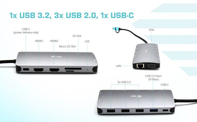 i-tec USB 3.0/USB-C/TB3 3x Display Metal Nano Dock with LAN, PD 100W