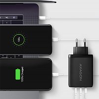 AXAGON ACU-DPQ100, GaN nabíječka do sítě 100W, 3x port (USB-A + dual USB-C), PD3.0/PPS/QC4+/Apple AXAGON ACU-DPQ100, GaN nabíječka do sítě 100W, 3x port (USB-A + dual USB-C), PD3.0/PPS/QC4+/Apple