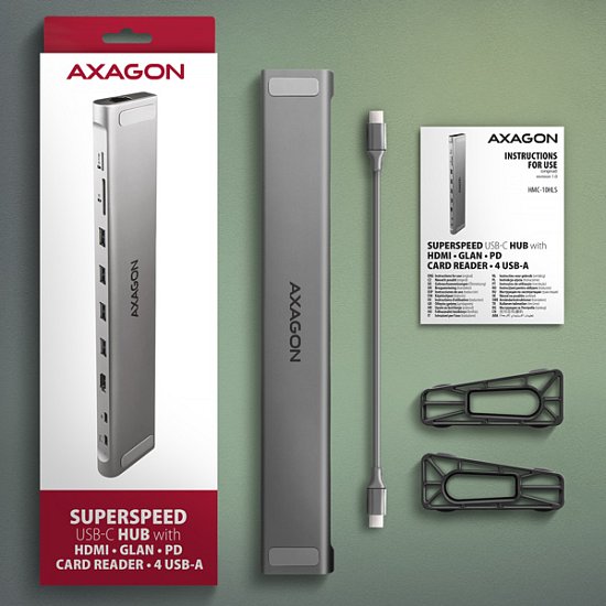 AXAGON HMC-10HLS, USB 5Gbps hub, 4x USB-A, HDMI 4k/60Hz, RJ-45 GLAN, SD/mSD, PD 100W, kabel 25cm
