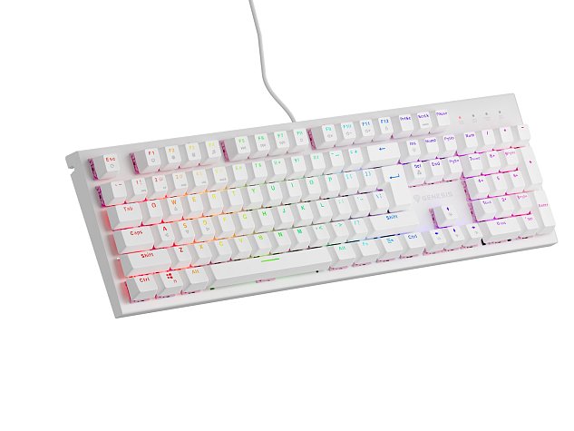Genesis herní mechanická klávesnice THOR 303/RGB/Outemu Peach Silent/Drátová USB/US layout/Bílá