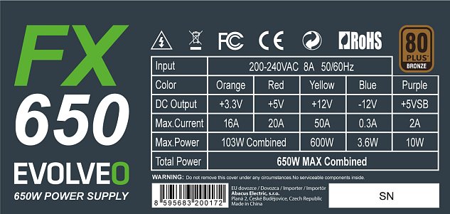 EVOLVEO FX 650 , zdroj 650W ATX, 14cm, tichý, 80+ bronze, bulk