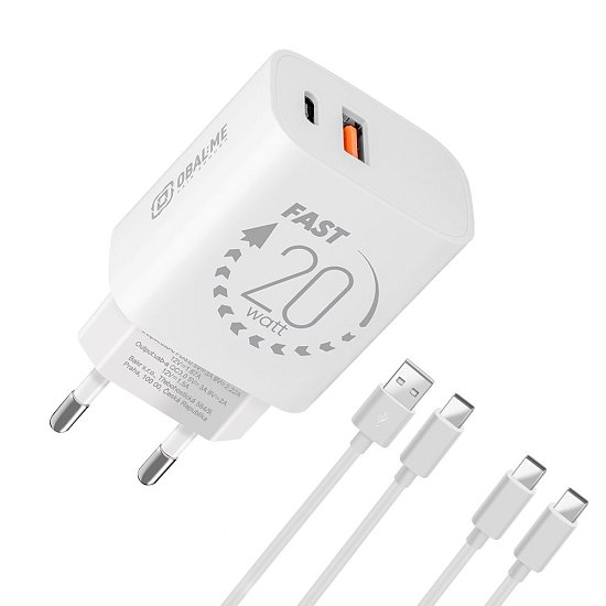 OBAL:ME Cestovní Nabíječka USB-A + USB-C 20W + 2x kabel 1m White