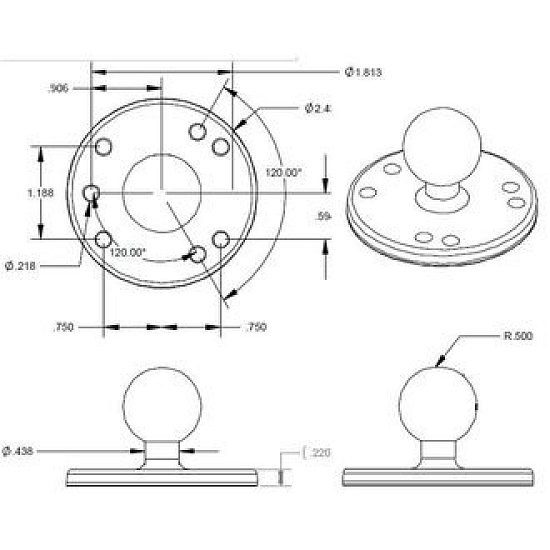 RAM Mounts adaptér, kovový, AMPS vzor děr, čep 1