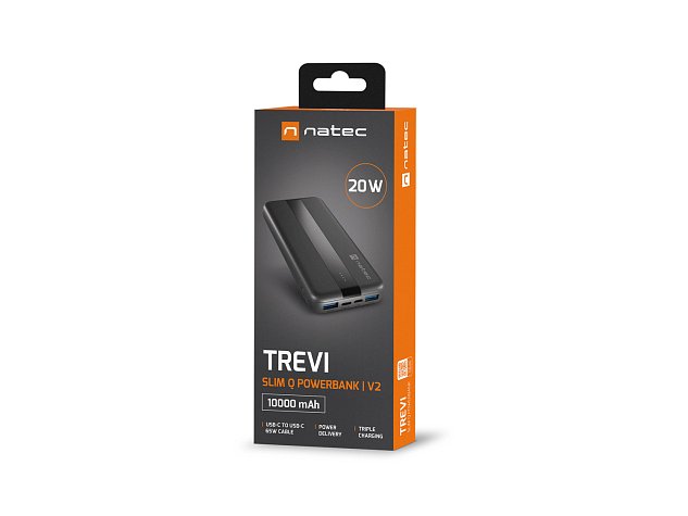 Power banka Natec TREVI SLIM Q V2 10000mAh, 2X USB-A 18W, 1X USB-C 20W, USB-C - USB0-C kabel, černá