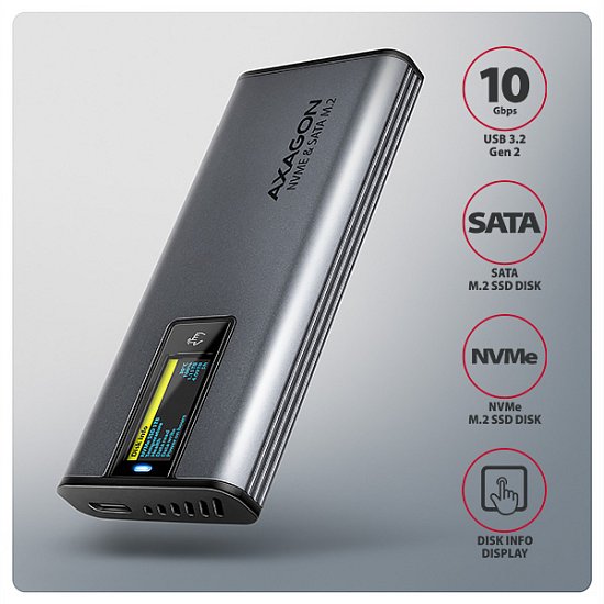 AXAGON EEM2-SD2 USB-C 10Gbps - M.2 NVMe & SATA SSD kovový DISPLAY box, bezšroubkový