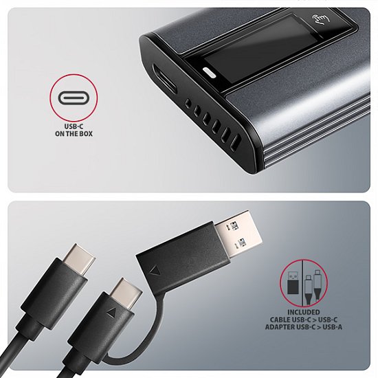 AXAGON EEM2-SD2 USB-C 10Gbps - M.2 NVMe & SATA SSD kovový DISPLAY box, bezšroubkový