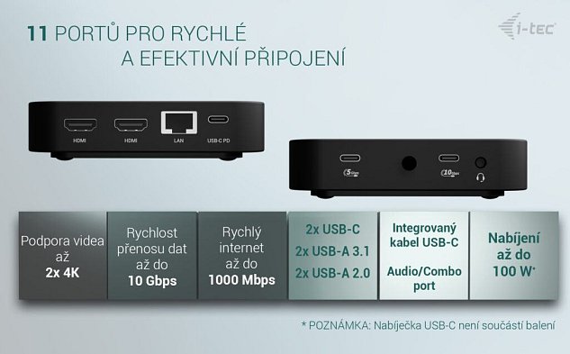 i-tec USB-C Dual HDMI Docking Station with Power Delivery 100W + i-tec Universal Charger 100W