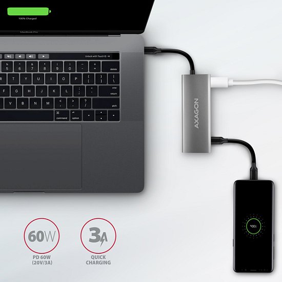 AXAGON HMC-5G21, USB 10Gb/s hub, porty 2x USB-A, 2x USB-C, HDMI 4k/30, PD 60W, kabel USB-C 13cm