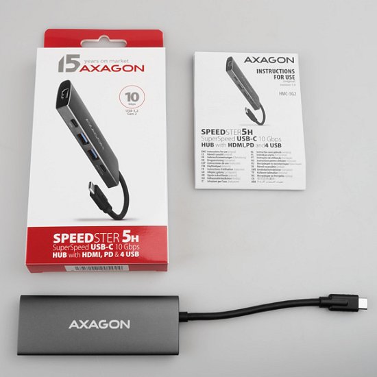 AXAGON HMC-5G21, USB 10Gb/s hub, porty 2x USB-A, 2x USB-C, HDMI 4k/30, PD 60W, kabel USB-C 13cm
