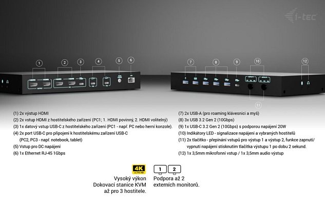 i-tec USB-C KVM Docking station for 3 Hosts, Dual Display, 2x Power Delivery (1x 92W/2x 65W)