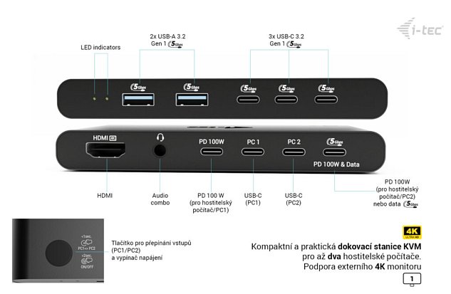 i-tec KVM Docking Station HDMI for 2 hosts, Power Delivery 2x 100W