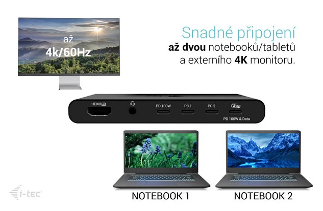 i-tec KVM Docking Station HDMI for 2 hosts, Power Delivery 2x 100W