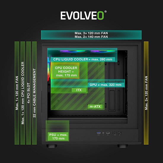 EVOLVEO Panthera, mATX/6x ARGB 120/dřevo+sklo