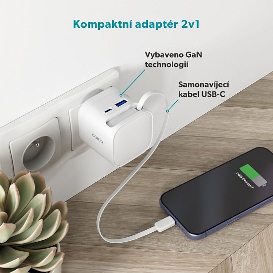 Epico UltraBoost Retractable GaN 65W adaptér EA65c se zabudovaným kabelem