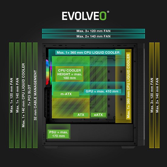 EVOLVEO Scorpio, Big Tower/4x ARGB/sklo+mřížka