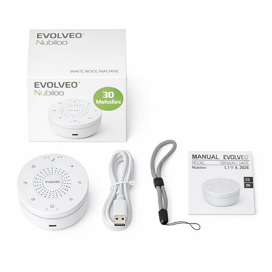 EVOLVEO Nubiloo – uspávací modul s bílým šumem, ukolébavkami a barevným světlem na dobrou noc