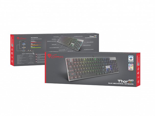 Plochá mechanická klávesnice Genesis Thor 420 RGB US, Content Slim Blue switch, software