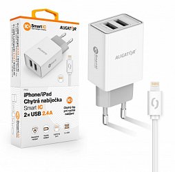 ALIGATOR Chytrá síťová nabíječka 2,4A, 2xUSB, smart IC, bílá, USB kabel pro iPhone/iPad