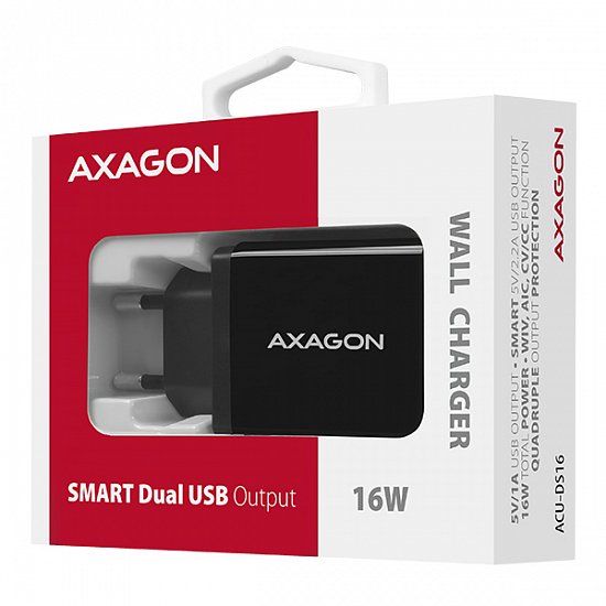 AXAGON ACU-DS16, SMART nabíječka do sítě 16W, 2x USB-A port, 5V/2.2A + 5V/1A