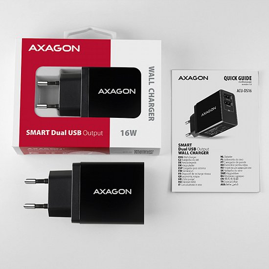 AXAGON ACU-DS16, SMART nabíječka do sítě 16W, 2x USB-A port, 5V/2.2A + 5V/1A