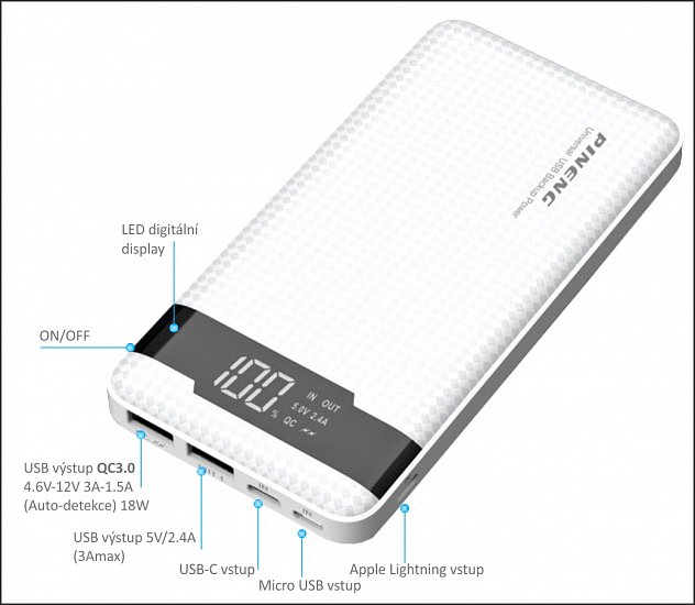 VIKING POWER BANK PN-961 QC3.0 10000mah, QUICK CHARGE 3.0, Černá