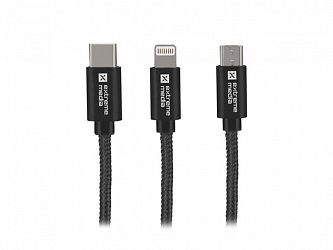 Natec vícekonektorový kabel 3v1 USB Micro + Lightning + USB-C, textilní opletení, 1m