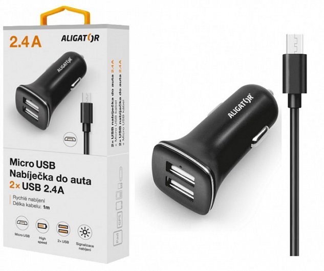 ALIGATOR Nabí. do auta microUSB 2,4A TCH černá