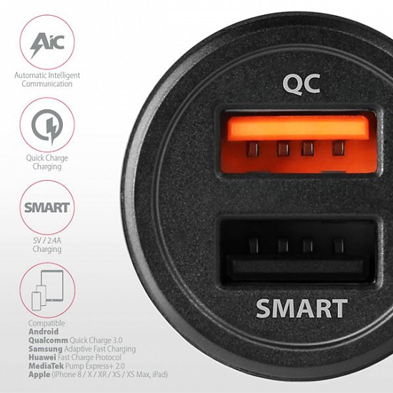 AXAGON PWC-QC5, QUICK a SMART nabíječka do auta, 2x port QC3.0/AFC/FCP + 5V-2.6A, 31.5W