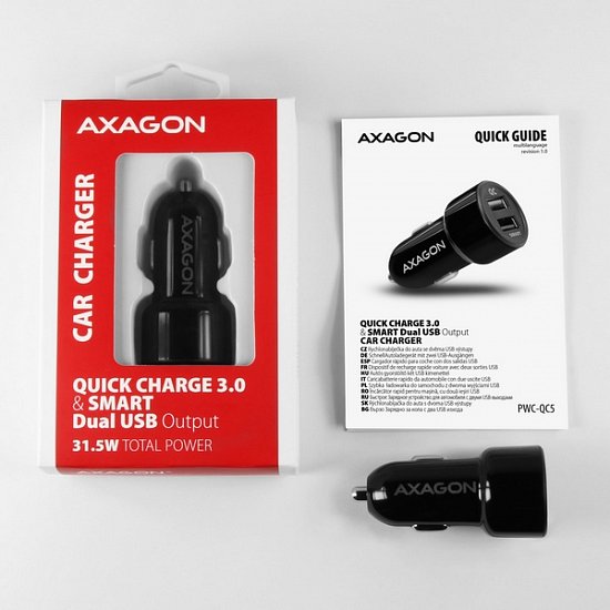 AXAGON PWC-QC5, QUICK a SMART nabíječka do auta, 2x port QC3.0/AFC/FCP + 5V-2.6A, 31.5W