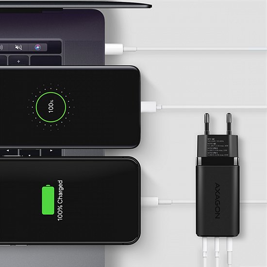 AXAGON ACU-DPQ65, GaN nabíječka do sítě 65W, 3x port (USB-A + dual USB-C), PD3.0/QC4+/PPS/Apple