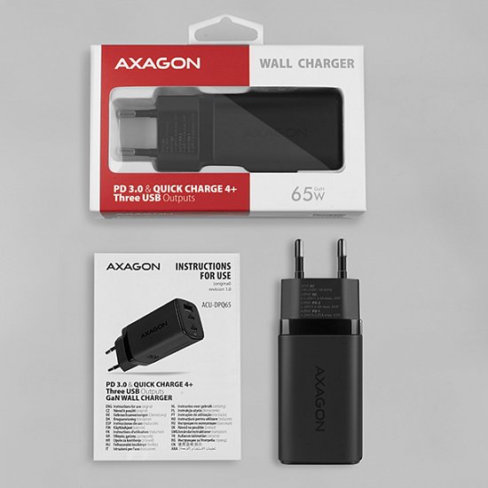 AXAGON ACU-DPQ65, GaN nabíječka do sítě 65W, 3x port (USB-A + dual USB-C), PD3.0/QC4+/PPS/Apple