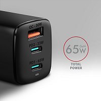 AXAGON ACU-DPQ65, GaN nabíječka do sítě 65W, 3x port (USB-A + dual USB-C), PD3.0/QC4+/PPS/Apple