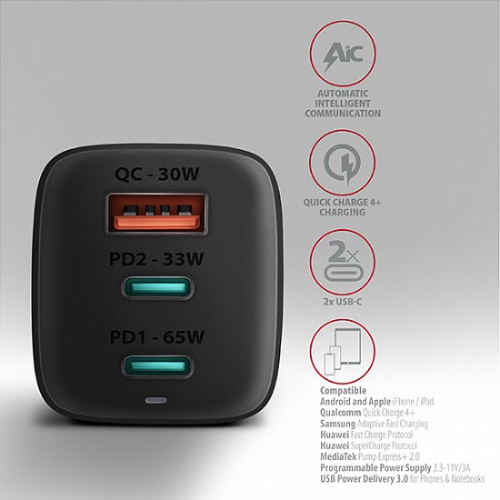 AXAGON ACU-DPQ65, GaN nabíječka do sítě 65W, 3x port (USB-A + dual USB-C), PD3.0/QC4+/PPS/Apple