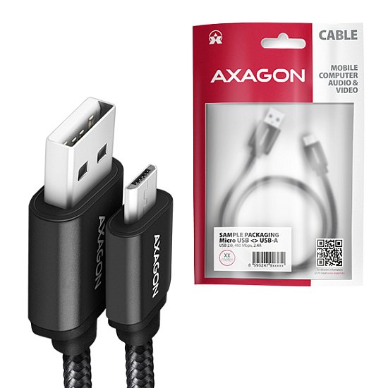 AXAGON BUMM-AM15AB, HQ kabel Micro USB <-> USB-A, 1.5m, USB 2.0, 2.4A, ALU, oplet, černý